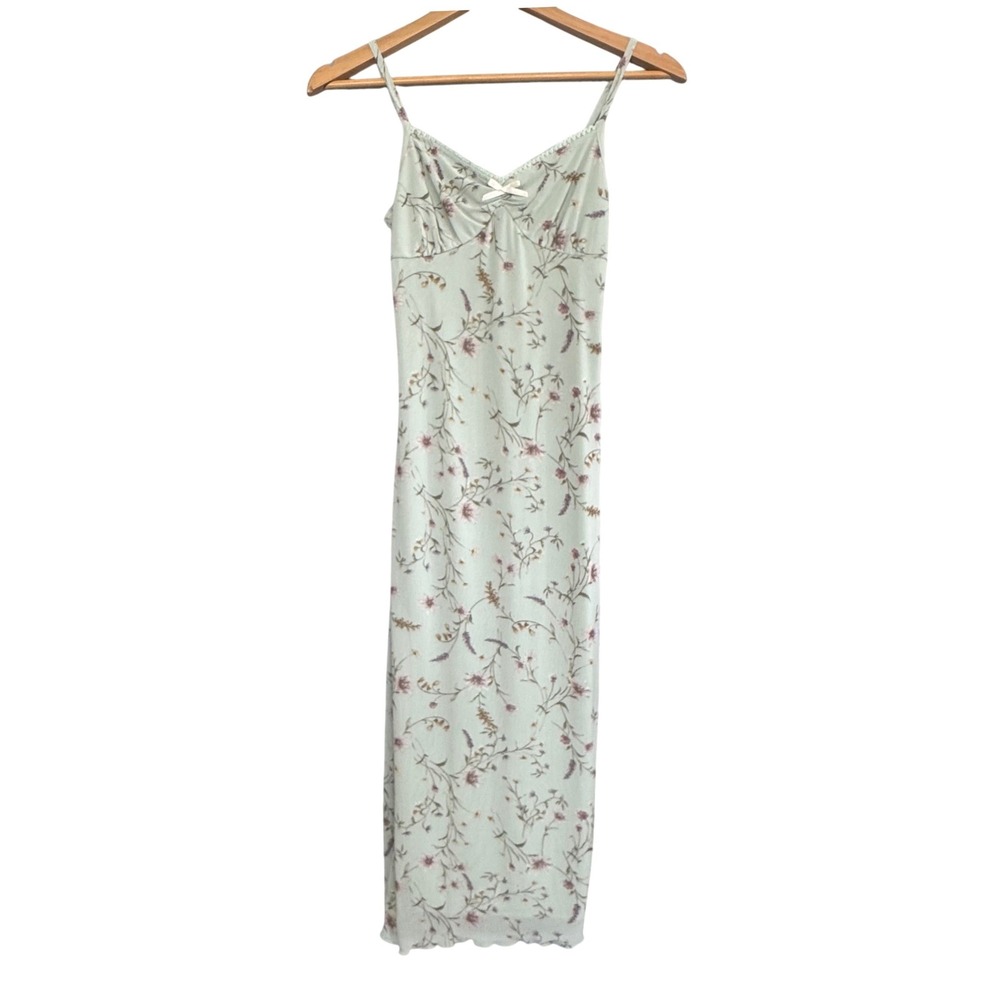 Thirty Thirty Floral Maxi Dress Size S Mesh Ethereal Slip Lettuce Hem Sage Green